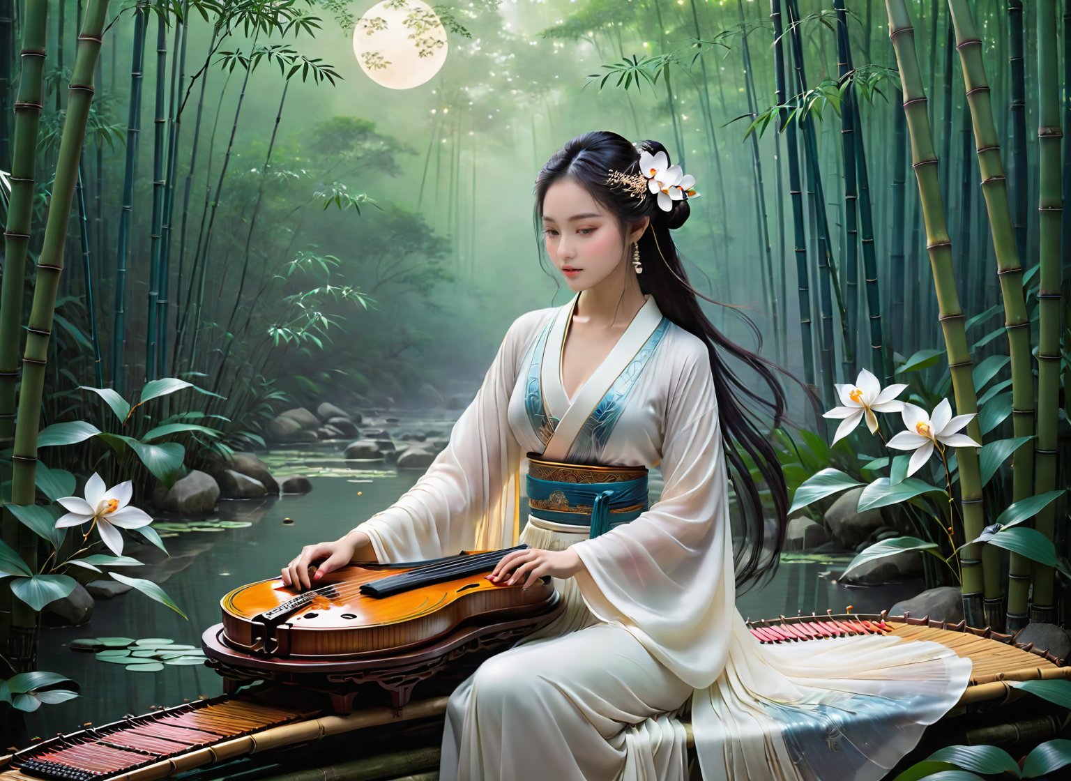 In the hushed ambiance of a moonlit bamboo forest, a melody unfolds. Gossamer moonlight bathes a young guzheng player, her presence imbued with otherworldly grace. Dressed in flowing silks the color of twilight, her every movement echoes the rhythm of the music. Long, raven hair cascades down her back, adorned with a single, luminous white orchid tucked behind her ear. Its ethereal glow seems to emanate from within her, a reflection of the celestial music flowing from her fingertips. As her fingers dance across the qin strings, an otherworldly melody pours forth, weaving through the bamboo groves and painting the night air with silver. Each note shimmers with a delicate luminescence, echoing the soft moonlight and swirling like fireflies in the gentle breeze. The forest itself seems to respond, the rustling leaves and chirping crickets adding their own harmonious chorus to the qin's enchanting song. In this serene tableau, the qin player and the forest become one, their music a testament to the beauty and magic that exists in the quiet corners of the world.
(guzheng. The award-winning craftsmen's expertise is evident in every intricate detail, from the ultra-high definition grain patterns on its body to the delicate ivory tuning pegs. The composition is flawless, with the instrument's curves and lines creating a sense of harmony between nature and craftsmanship.)
(Beautiful face, delicate features are mesmerizing, young girl, Ethereal & Soulful.)
Creating a dreamlike atmosphere. Soft lighting, Ethereal glow. Additional details.