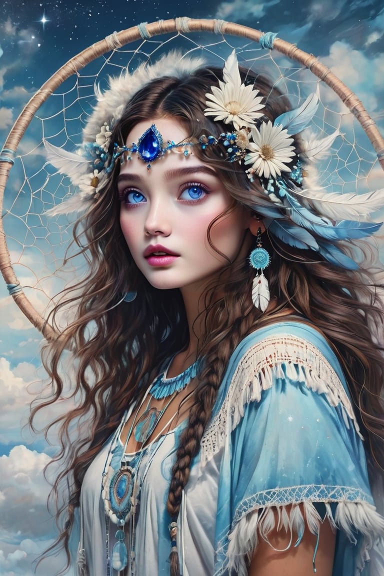 A dreamlike portrait in a contemporary indigenous style centered around a sacred dreamcatcher. The artwork employs a clean, modern aesthetic with a predominant palette of sky blue and pristine white. It encapsulates the ethereal beauty of a young Indigenous woman, her spirit as delicate and enchanting as the morning mist.

Dreamcatcher, rendered in a vibrant neo-pop style, incorporates celestial blues, nightcore elements, and trompe-l'œil illusions, grounded by meticulous pencil work.