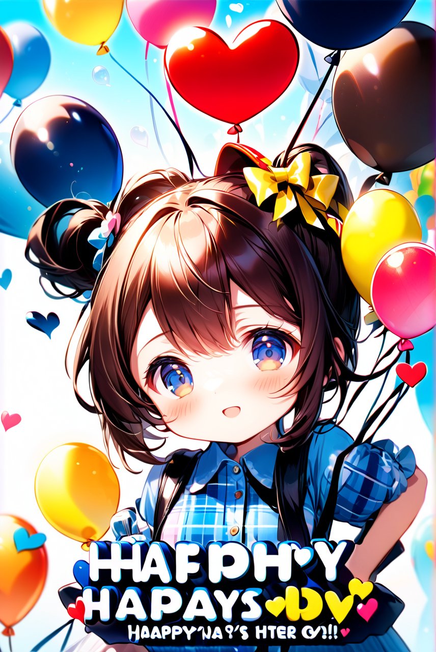 (only the upper part of the face)
The girl's little brain is at the bottom of the picture, only the upper part of her face is showing, the cute girl's big eyes are looking upwards, and there is a huge 3D text floating above her head. 3D balloon text, which says "Happy Father's Day".

 (Crisp letters, full text.)((text of "Happy papa's Day".)) Cute petite girl wearing a chocolate-themed outfit with a blue-colored plaid shirt. shy and happy. Lots of love icons popping up around her. heart-shape bubbles. (solo girl) 
official art, Intricate details. Use more blue tones, anime style, cute, and romance. Additional details. chibi. super-deformed characters with big heads. Imaginative background.