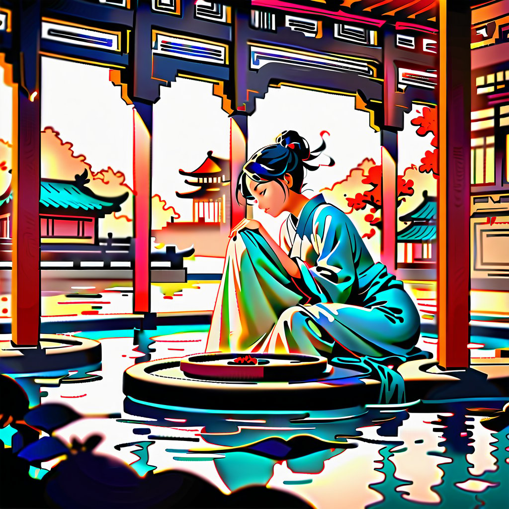 (Chinese architectural scenes, ancient style, streets, immortal worldviews.) 
A stunning portrait of 'Westen Beautiful Lady' serenely plays a Chinese instrument amidst a serene backdrop of gently flowing stream water. Most of the buildings and objects in the scene are made of jade, and the texture of the jade is photographed vividly. A soft, bright light illuminates the scene, and a shallow depth-of-field effect blurs the surroundings. The composition in the center draws attention to the delicate features of the beauty. Reminiscent of the Japanese illustration style. 1girl. solo girl.