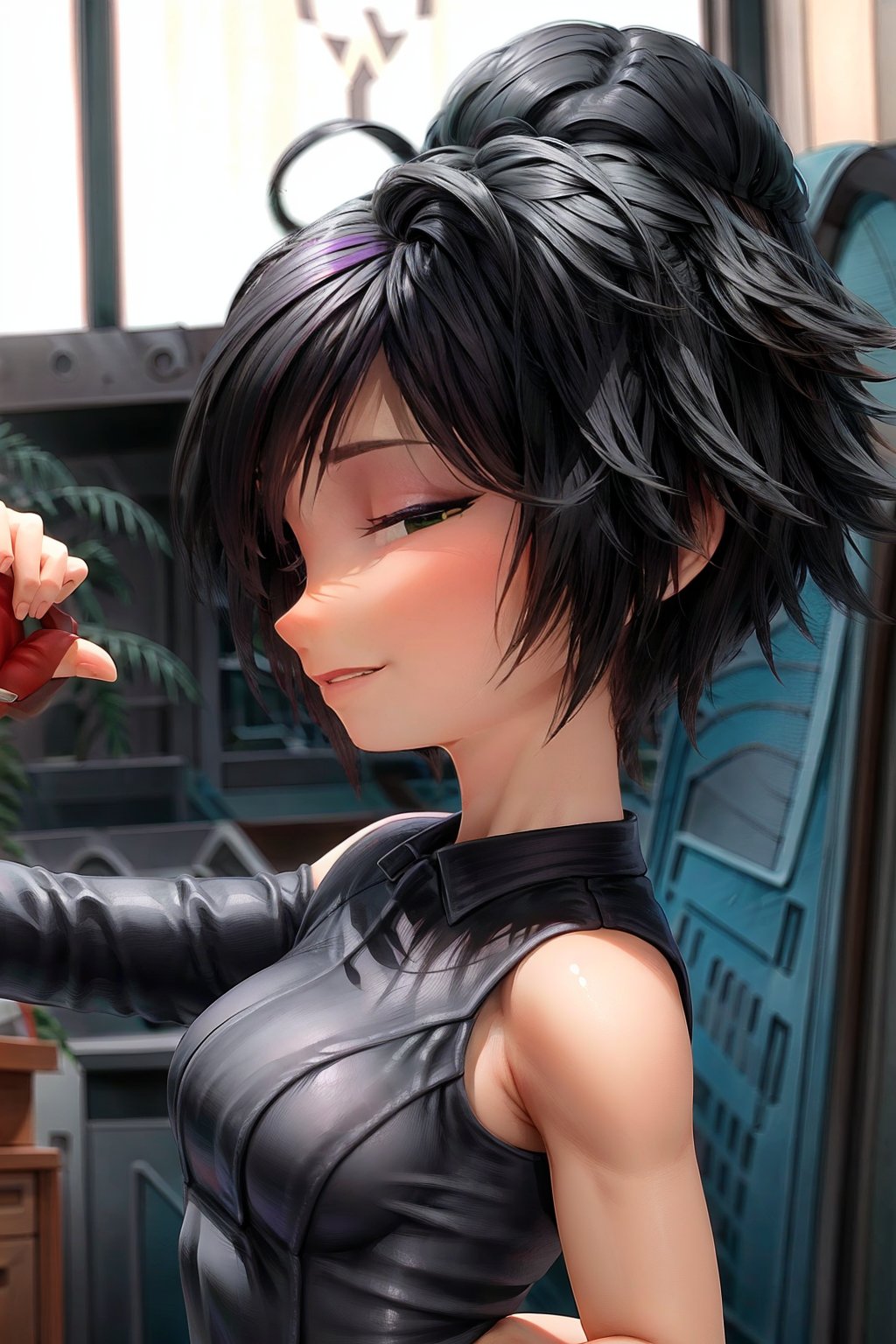 GoGo Tomago, black sportswear, low angle shot, with a mocking smile of superiority, with a weight in his hand, with a muscular, sexy body