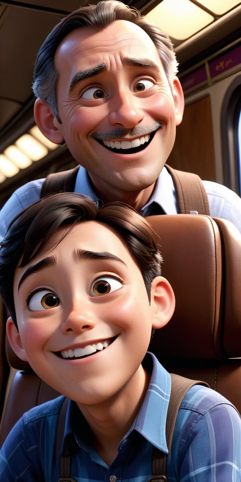 : 3D animation, Disney Pixar, personality: [Show the father smiling fondly at his son's reaction, reflecting a sense of warmth and love in his expression. The atmosphere should feel cozy and familial, emphasizing the bond between the father and son] unreal engine, hyper real --q 2 --v 5.2 --ar 9:16,ANIME they both are traveling in the same train,ANIME