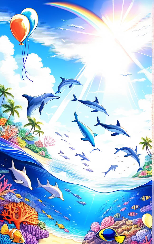 paradise tropical landscape, sunny blue sky, white clouds, rainbow, tropical ocean, dolphins jump out of the ocean, balloons in the sky, coral reef with vivid fish, vivid colors