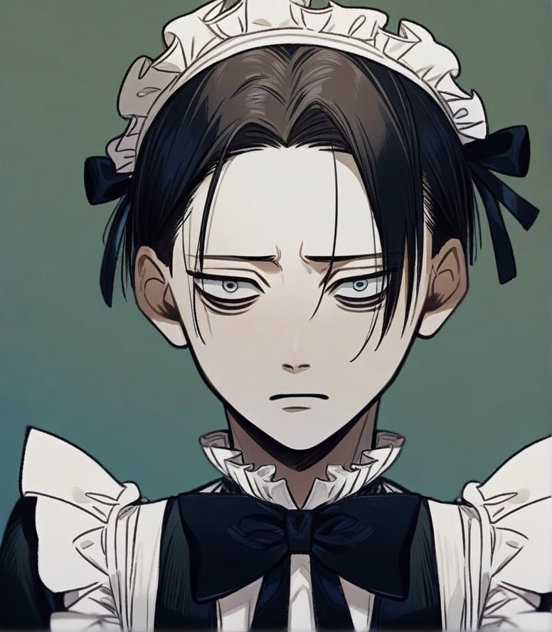 1 boy, levi ackerman from attack om titan, maid outfit, skinny, soft face expression, pretty face, gentle face, frilly outfut, bow in hair