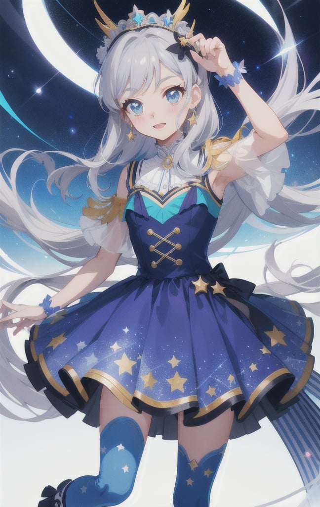 Aikatsu outfit coord dress futuring girl fullbody cyber blue futuristic with silver details and stars and galaxy print white plain background anime style