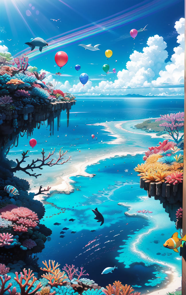 paradise tropical landscape, sunny blue sky, white clouds, rainbow, tropical ocean, dolphins jump out of the ocean, balloons in the sky, coral reef with vivid fish, vivid colors