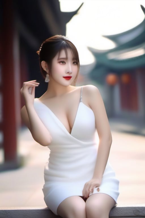 real photos, a Chinese deep and charming beauty wearing a white wool shawl deep V shoulderless sleeveless black and white cheongsam short skirt on the sunny street, deep and charming eyes, affectionate, very delicate and charming. Crouching.,Asian,perfect finger,loukong1