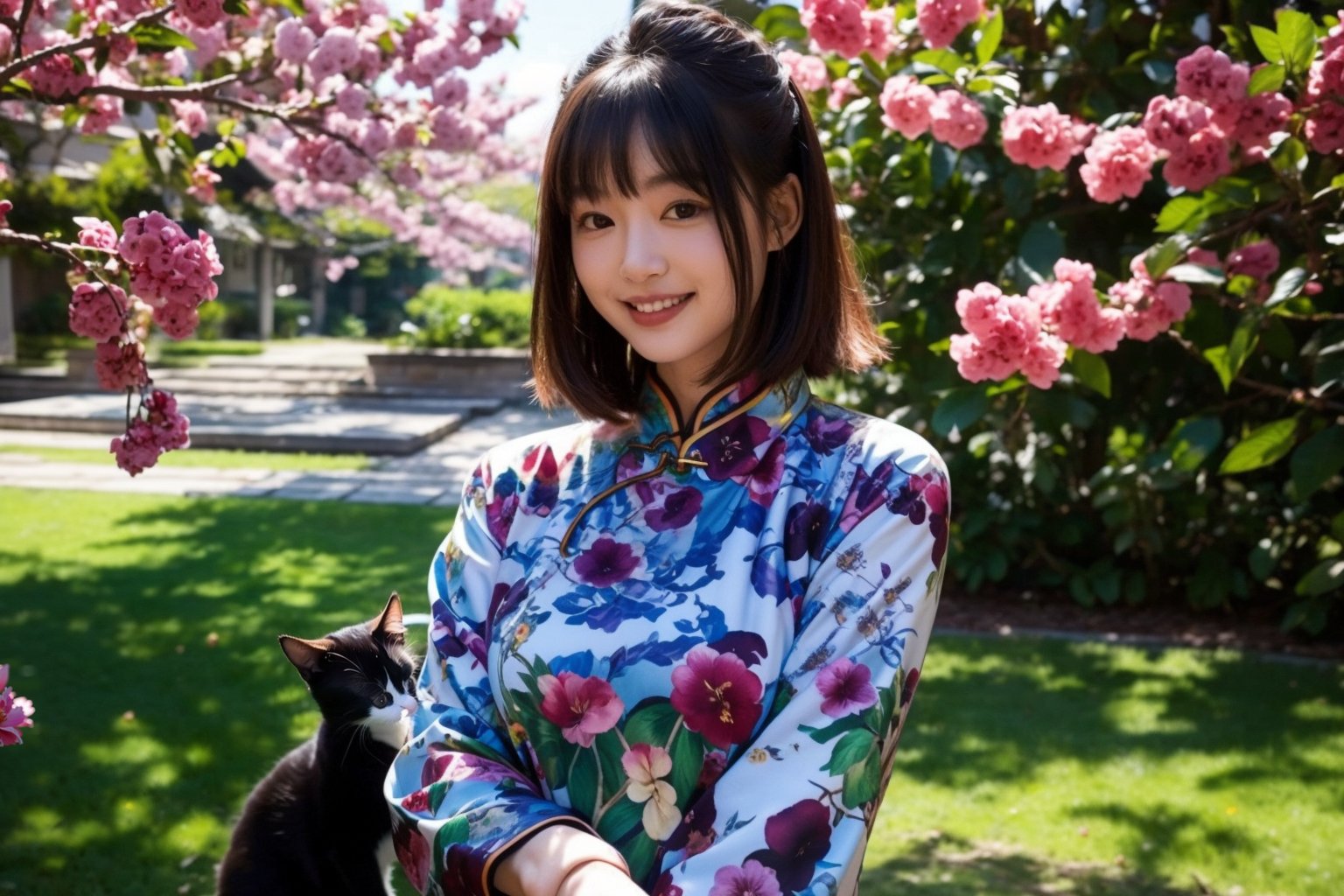 A sexy cheongsam beauty is standing next to a red plum tree. A cat has climbed onto the plum tree. The beauty is looking at the cat and smiling.
(Han Hyo Joo:0.8), (Anne Hathaway:0.8),