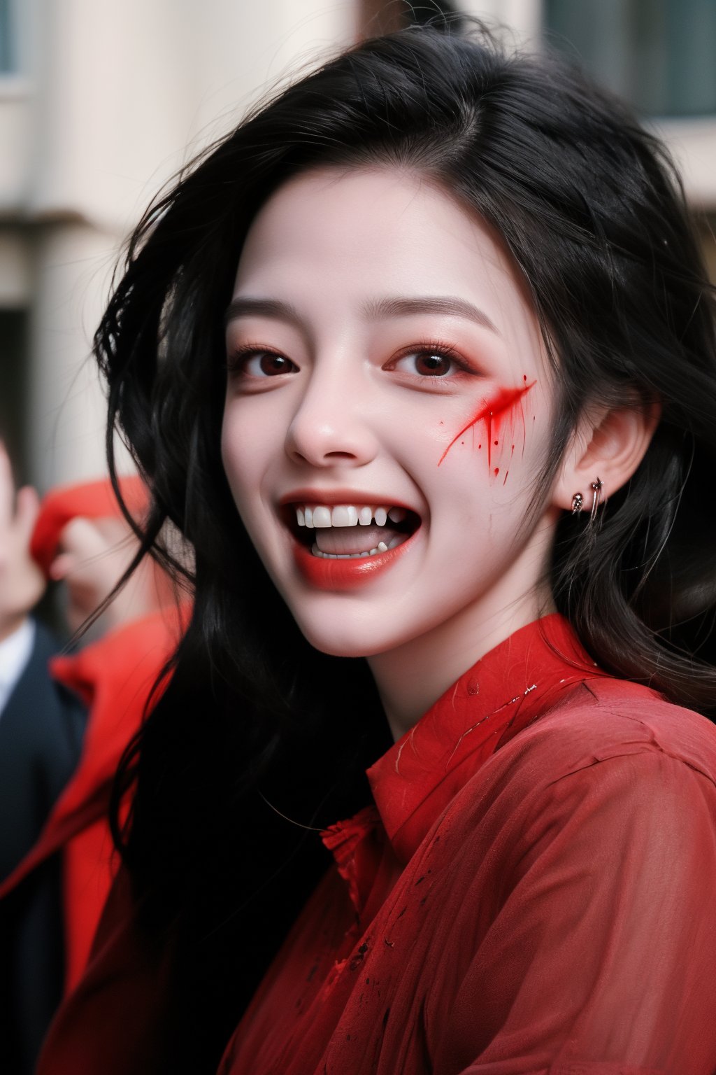 1girl, solo, long hair, open mouth, black hair, teeth, blurry, black eyes, lips, makeup, motion blur, vampire, fangs, blood_on_face,(Han Hyo Joo:0.8), (Anne Hathaway:0.8),