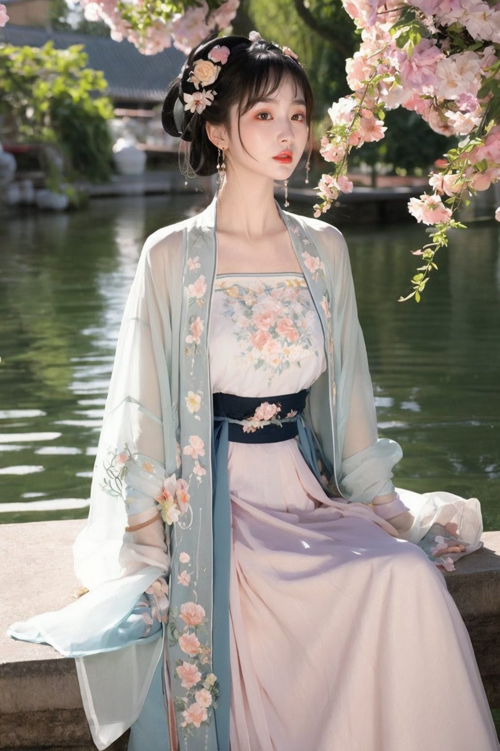 long sleeves, jewelry, dress, cleavage, jewelry, sitting, collarbone, flower, earrings, outdoors, water, lips, see-through, sash, petals, Chinese clothes, floral print, moon, upper body, full moon,Hanfu, realistic, wisteria, masterpiece, best quality, photorealistic, raw photo,long skirt,seethrough_china_dress,hanfu