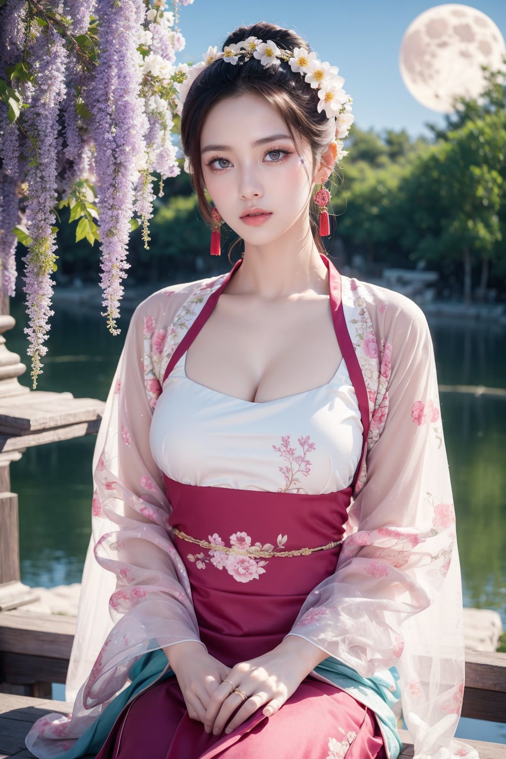 long sleeves, jewelry, dress, cleavage, jewelry, sitting, collarbone, flower, earrings, outdoors, water, lips, see-through, sash, petals, Chinese clothes, floral print, moon, upper body, full moon,Hanfu, realistic, wisteria, masterpiece, best quality, photorealistic, raw photo,long skirt,seethrough_china_dress,hanfu,ao dai