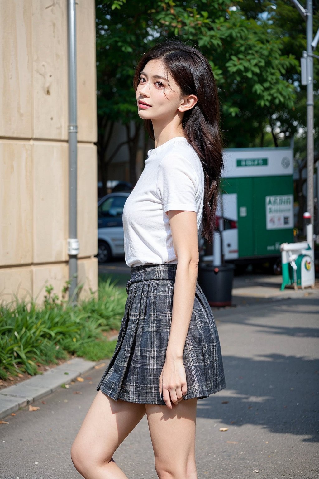 (((masterpiece))), (((best quality))), Best picture quality, high resolution, 8k, realistic, sharp focus, realistic image of elegant lady, Korean beauty, supermodel, girl, standing, wearing short-sleeved school uniform, dark-colored skirt, pleated skirt with tartan pattern, bubble socks, student shoes, light brown hair, long hair, green eyes, side-swept bangs, sideburns, phone, (wet body:1.0), sunlight, sweat, a dog, helf body, shoes removed, Head tilt, untucked, Profile, (high quality:1.0), (white background:0.8), detailed face, (blush:1.0), 1 girl, Young beauty spirit, ZGirl, perfect light, Detailedface, 1 girl, big eyes, eye shadow, SharpEyess, perfecteyes eyes , Smirk,Detailedface, perfect light, ZGirl,dreaming_background, photo of perfecteyes eyes,