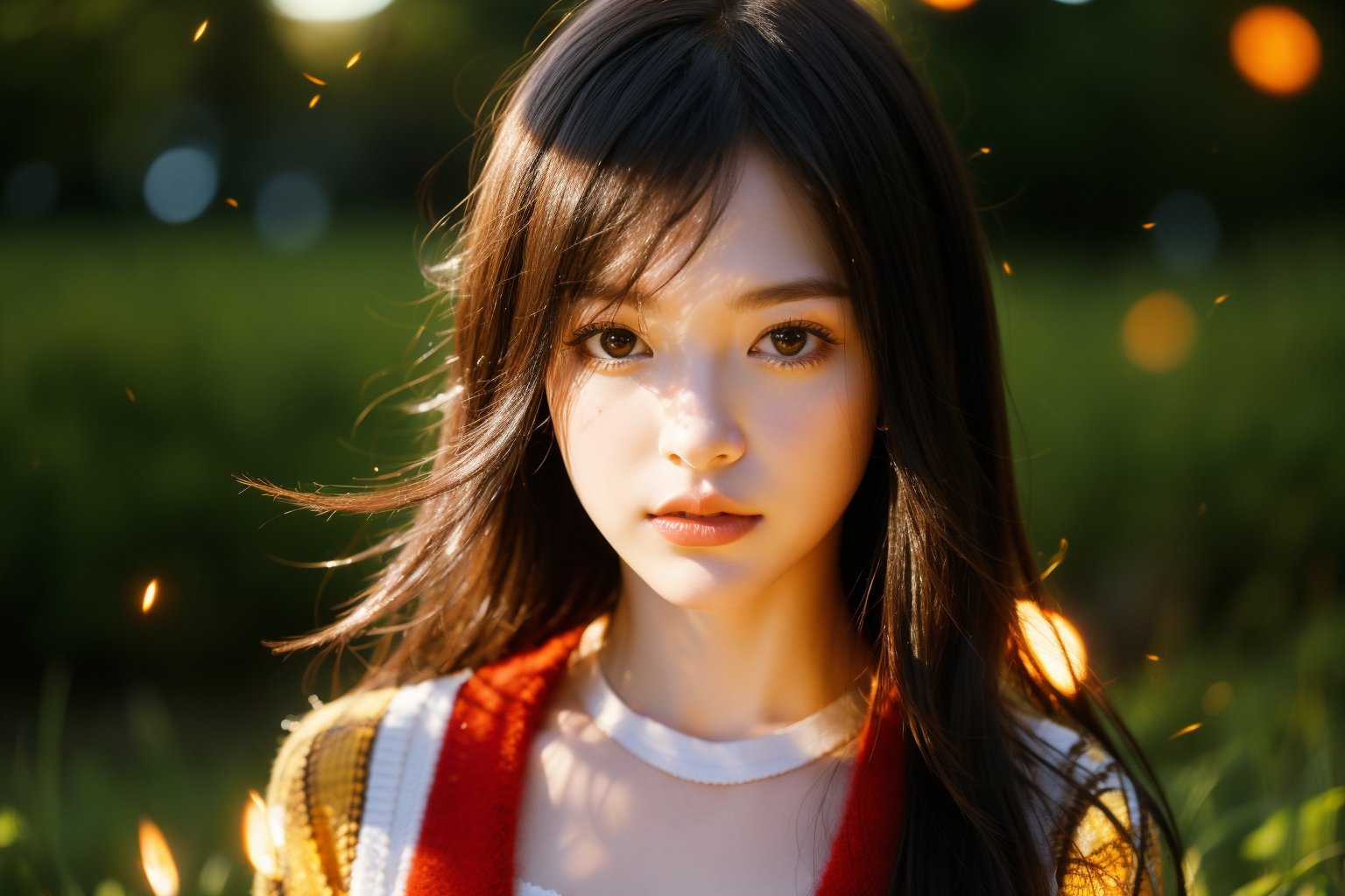 fashion portrait photo of beautiful young woman from the 60s wearing a red wool underwear standing in the middle of a open space meadow, taken on a hasselblad medium format camera, ((closeup top shot)), ((fireflies)),(Han Hyo Joo:0.8), (Anne Hathaway:0.8),