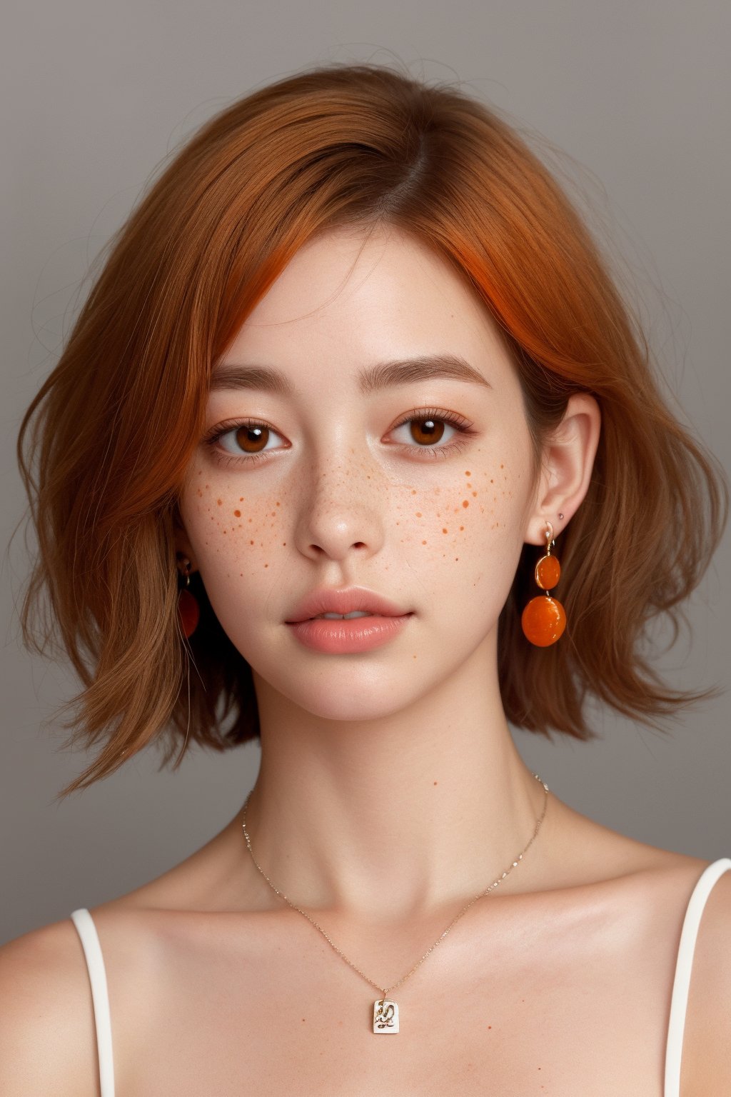 1girl, solo, looking at viewer, short hair, simple background, brown hair, jewelry, collarbone, earrings, parted lips, artist name, grey background, necklace, orange hair, mole, lips, portrait, freckles, realistic, nose, mole on cheek,(Han Hyo Joo:0.8), (Anne Hathaway:0.8),AIDA_LoRA_AnC