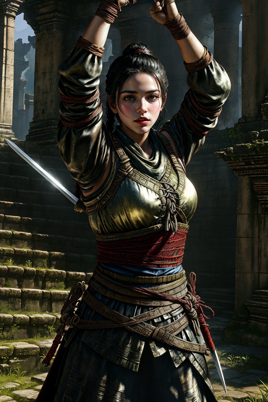 A heroic figure stands proudly before ancient temple ruins, her worn leather armor and intricately tied belt whipping wildly as she holds aloft a gleaming katana, its curved blade reflecting the warm sunlight casting a dramatic shadow on the weathered stone steps.