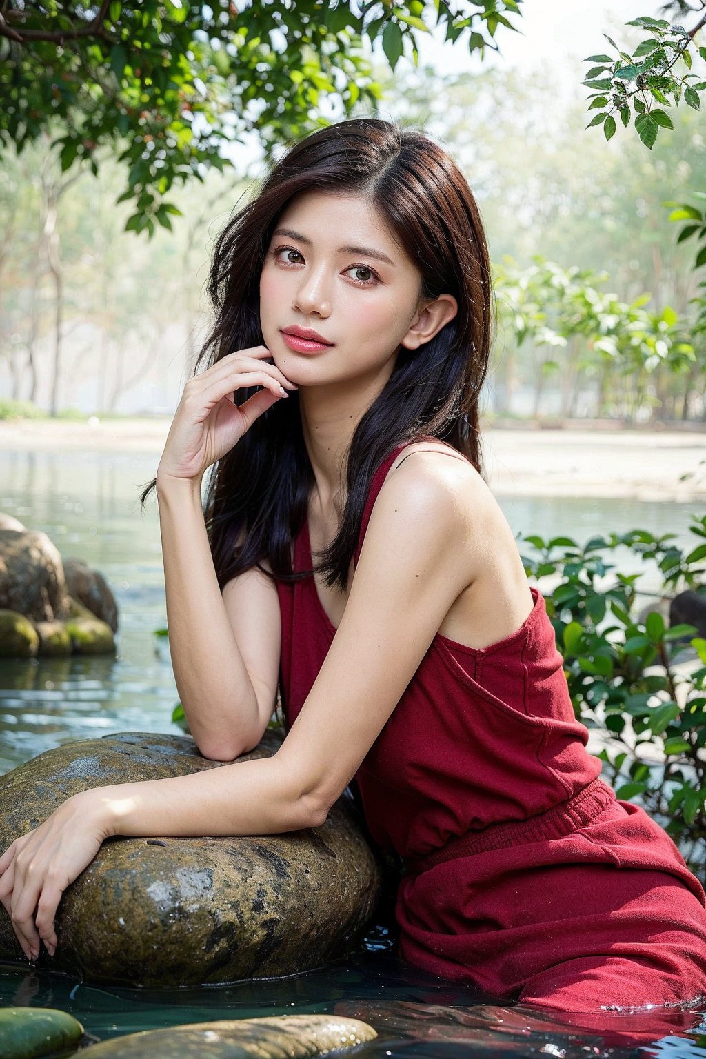 A serene and idyllic scene unfolds as a lovely japanese girl, dark hair sits poised on a lotus leaf, surrounded by lush water crimson lotus, wearing red dress. The camera captures her gentle smile and playful pose, with the pear blossoms framing her features. Soft, warm sunlight filters through the misty air, casting a soft glow over the tranquil setting, soft sunlight shine her face. Realistic Photo. different image