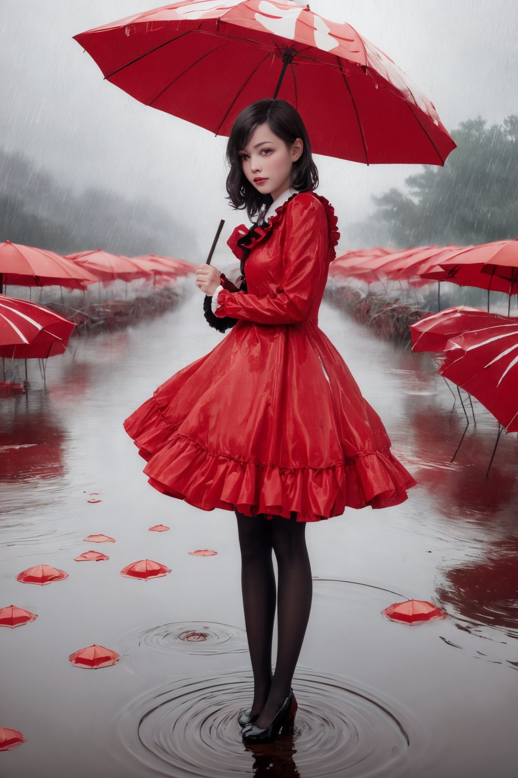 Create an image of a mysterious character in a ruffled red dress with white and black striped stockings standing under an oversized red umbrella amidst heavy rainfall. The setting is somber with various shades of grey, punctuated by multiple smaller red umbrellas scattered around. Raindrops create ripples on puddles on the ground, adding to the atmospheric depth of the scene.