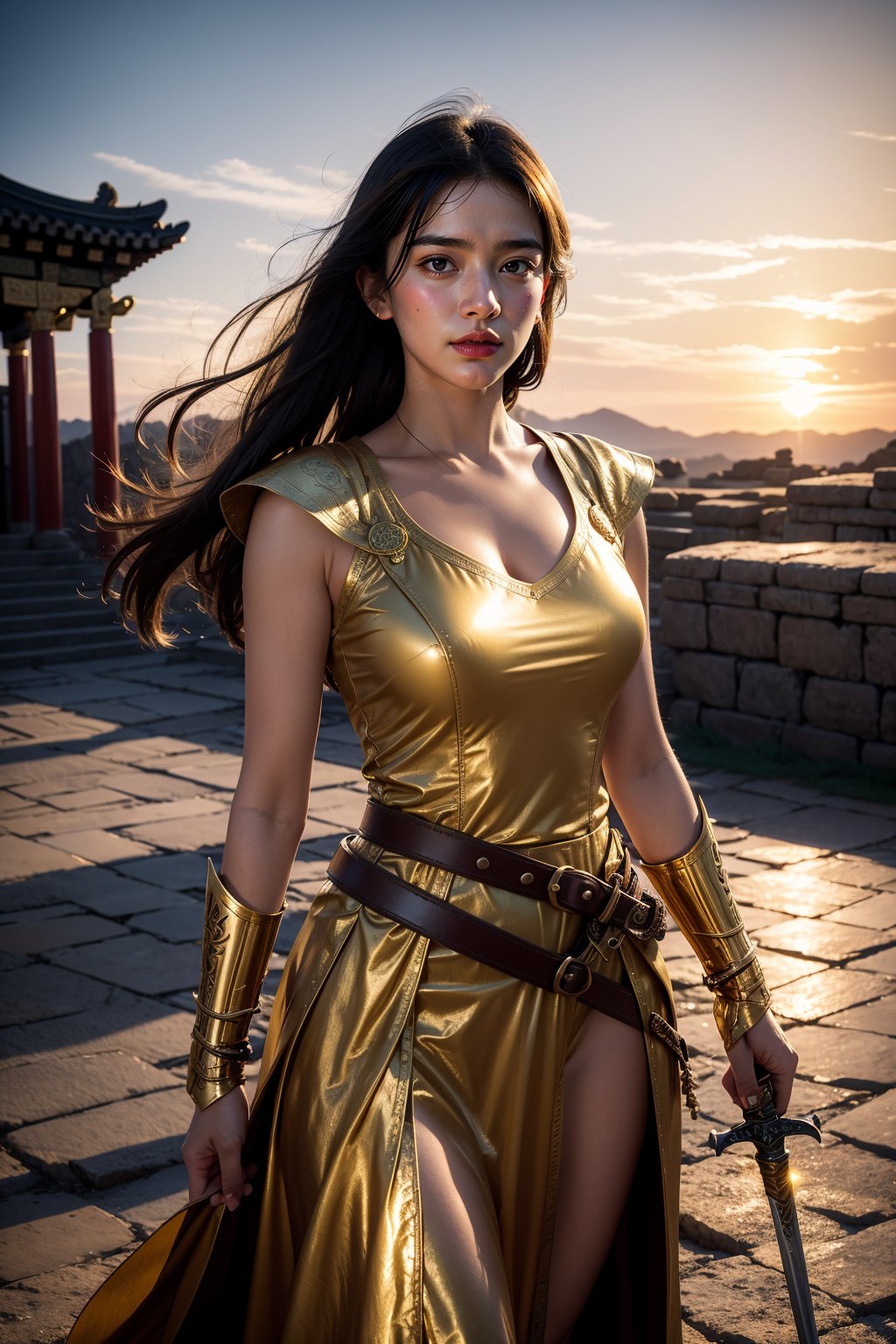 Against the warm glow of sunset, a valorous young maiden stands at the threshold of an ancient temple, her sword held high, its golden hilt glinting in the fading light as her flowing garb and leather belt are swept back by the wind, her determined gaze fixed on some unseen challenge within.