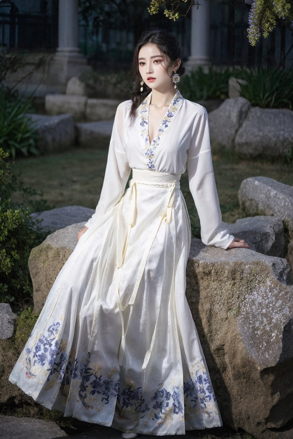 long sleeves, jewelry, dress, cleavage, jewelry, sitting, collarbone, flower, earrings, outdoors, water, lips, see-through, sash, petals, Chinese clothes, floral print, moon, upper body, full moon,Hanfu, realistic, wisteria, masterpiece, best quality, photorealistic, raw photo,long skirt