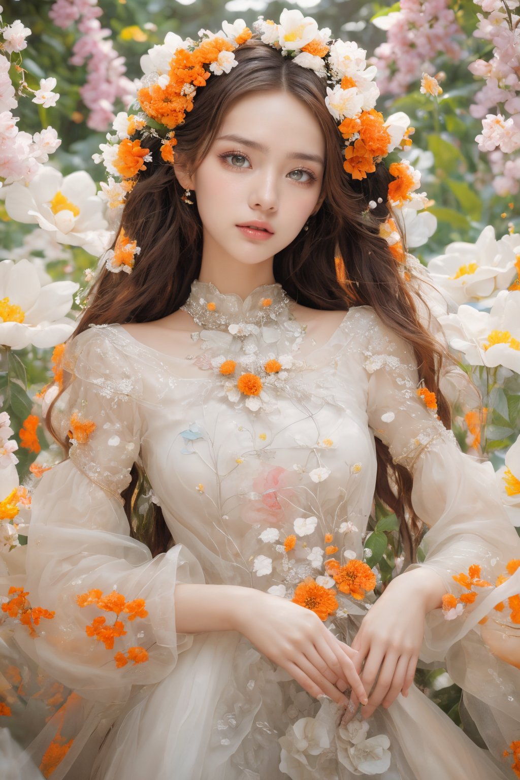 Create an artwork of a person with long, flowing hair intertwined with an array of white and orange flowers, wearing a garment that harmonizes with the botanical surroundings. The overall atmosphere should evoke an ethereal and dreamlike essence. 



 