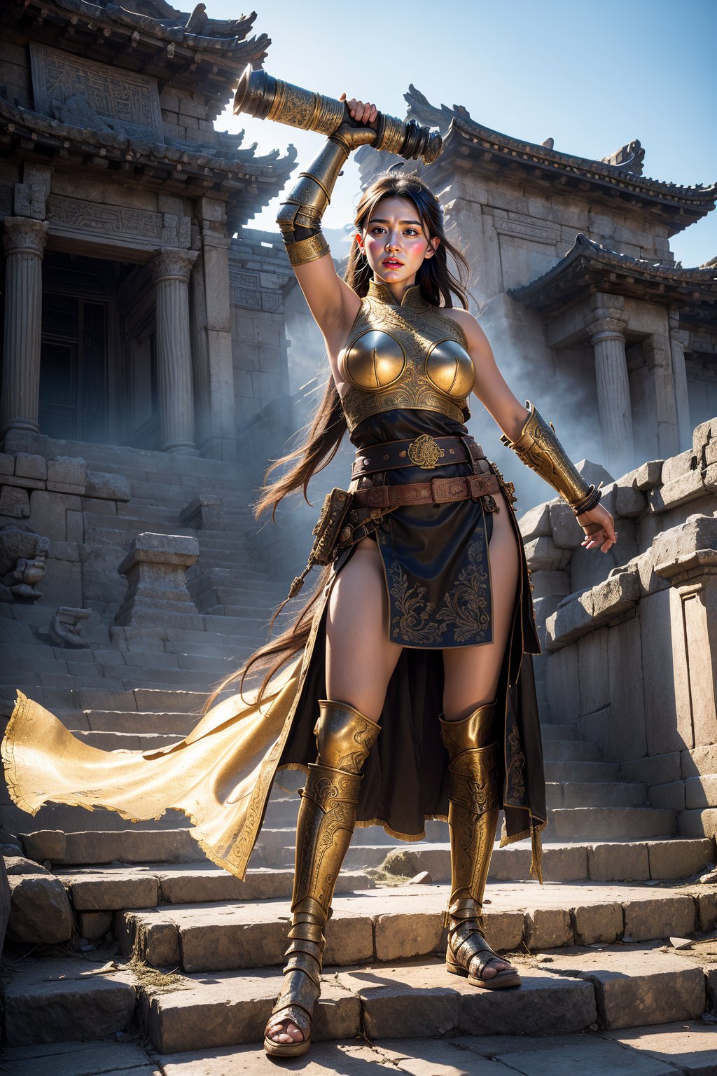 A warrior maiden stands triumphantly before crumbling temple remnants, her weathered leather armor and ornate belt flapping in the breeze as she brandishes her majestic katana, its radiant curve refracting the golden light onto the ancient stone staircase, where the warm glow casts a dramatic silhouette against the worn, history-etched stones.