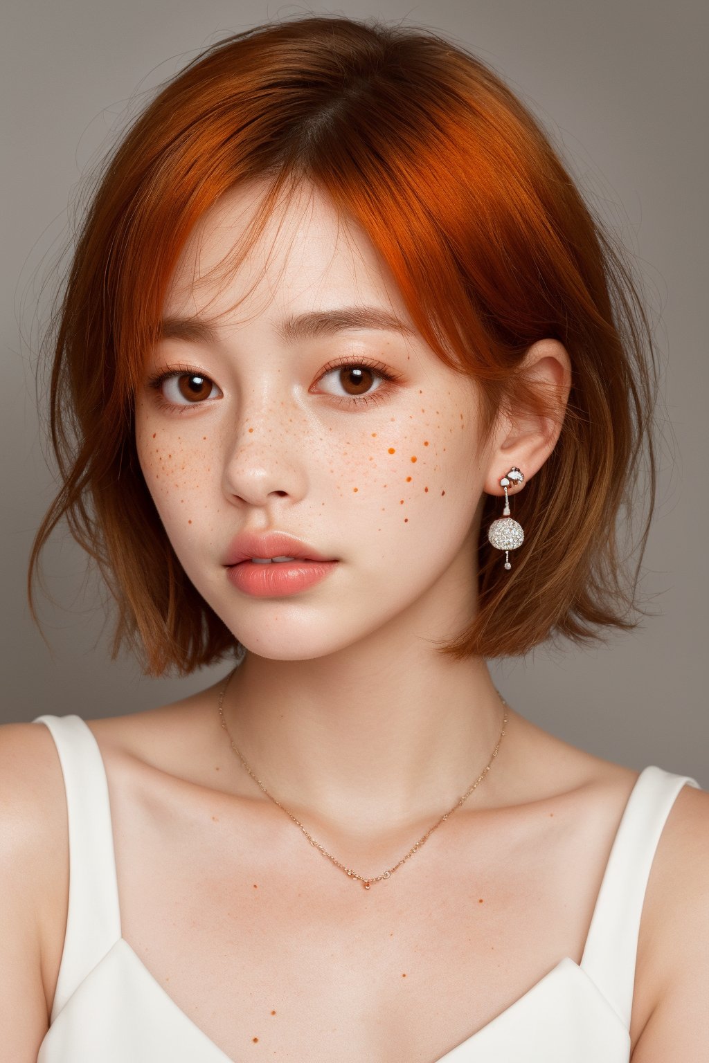 1girl, solo, looking at viewer, short hair, simple background, brown hair, jewelry, collarbone, earrings, parted lips, artist name, grey background, necklace, orange hair, mole, lips, portrait, freckles, realistic, nose, mole on cheek,(Han Hyo Joo:0.8), (Anne Hathaway:0.8),