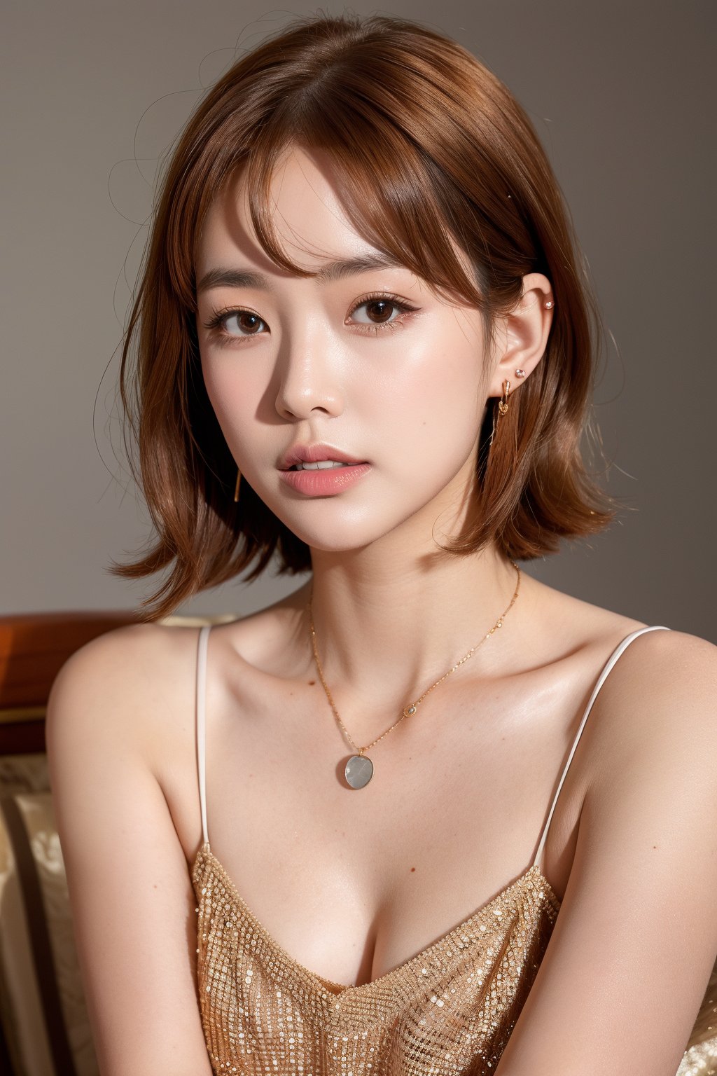 1girl, solo, looking at viewer, short hair, simple background, brown hair, jewelry, collarbone, earrings, parted lips, artist name, grey background, necklace, orange hair, mole, lips, portrait, freckles, realistic, nose, mole on cheek,(Han Hyo Joo:0.8), (Anne Hathaway:0.8),