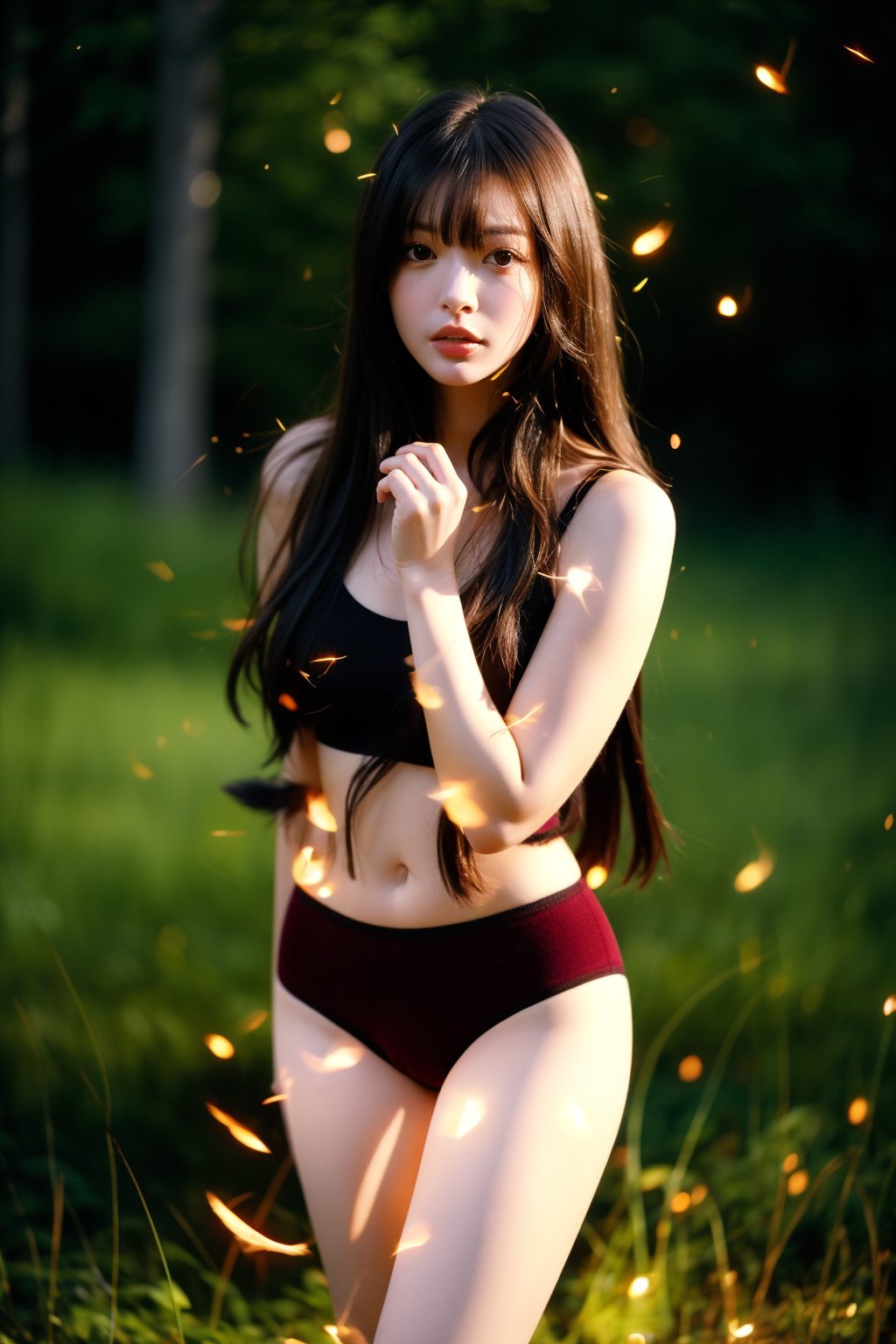 fashion portrait photo of beautiful young woman from the 60s wearing a red wool underwear standing in the middle of a open space meadow, taken on a hasselblad medium format camera, ((closeup top shot)), ((fireflies)),(Han Hyo Joo:0.8), (Anne Hathaway:0.8),