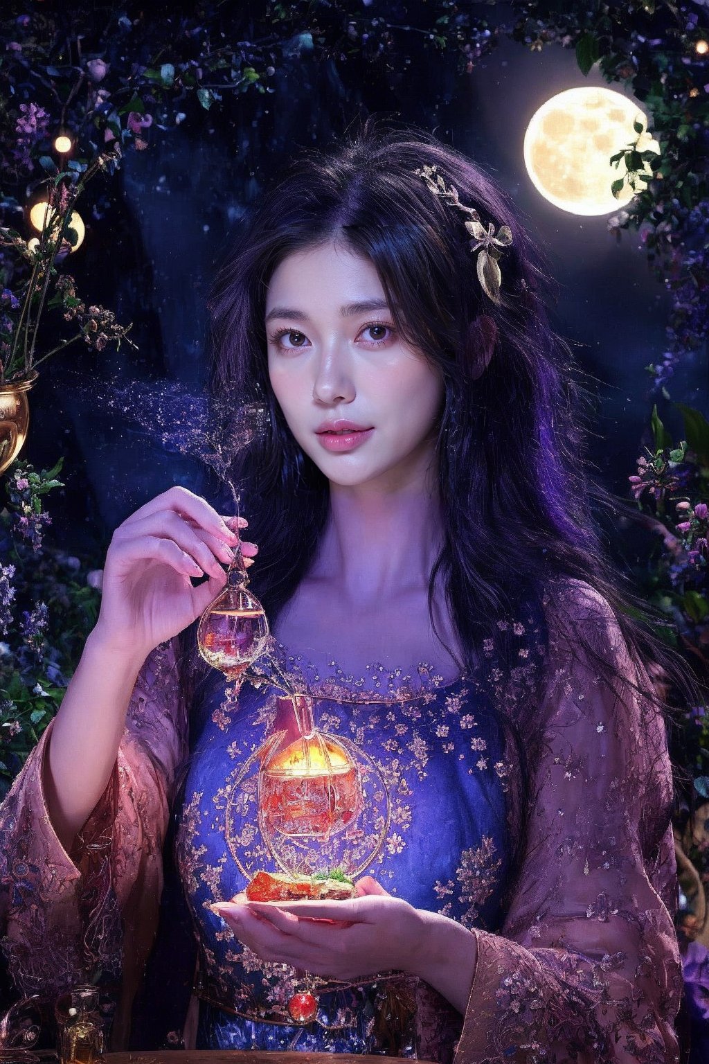 Lunar Apothecary A woman with skin like moonlight and eyes that hold the secrets of celestial herbs, brews potions under the glow of two moons. Her flowing gown, adorned with lunar symbols and botanical motifs, reflects her connection to the healing power of the cosmos.
 
