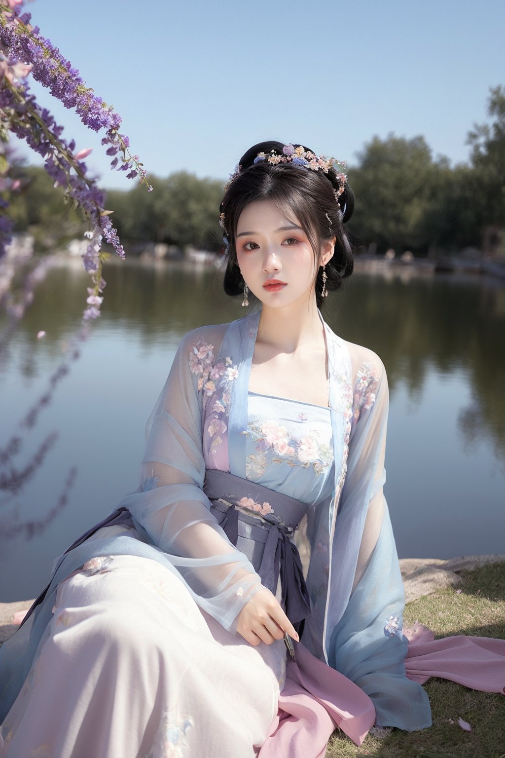 long sleeves, jewelry, dress, cleavage, jewelry, sitting, collarbone, flower, earrings, outdoors, water, lips, see-through, sash, petals, Chinese clothes, floral print, moon, upper body, full moon,Hanfu, realistic, wisteria, masterpiece, best quality, photorealistic, raw photo,long skirt,seethrough_china_dress,hanfu