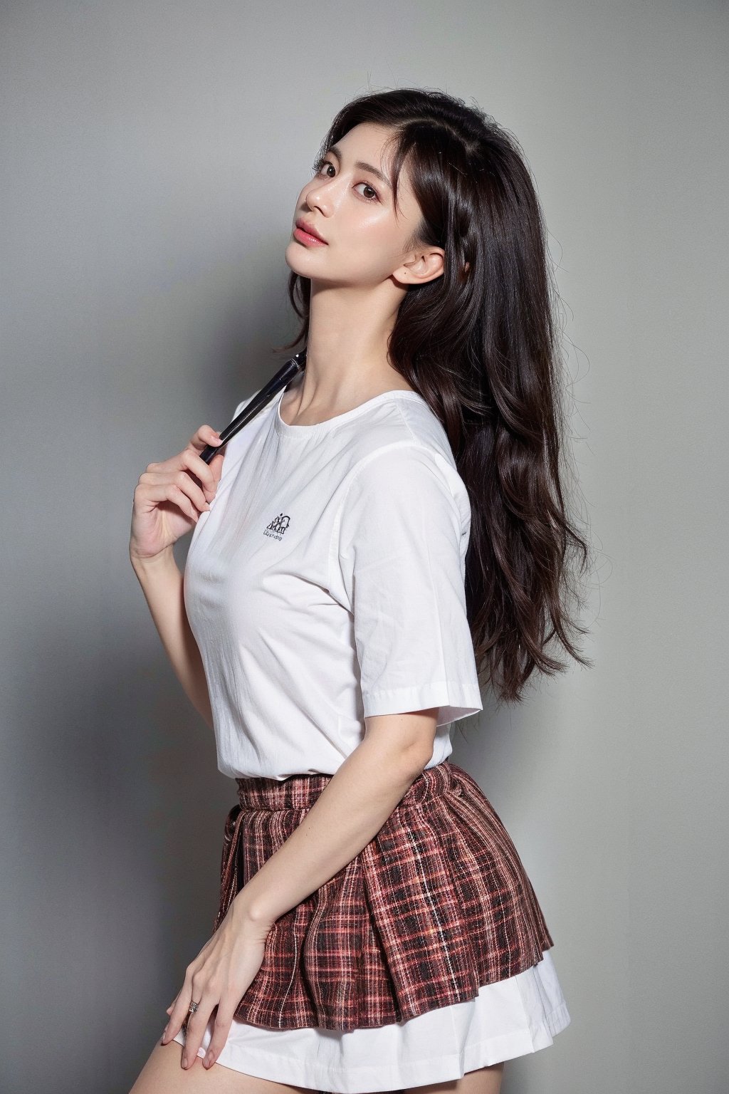 (((masterpiece))), (((best quality))), Best picture quality, high resolution, 8k, realistic, sharp focus, realistic image of elegant lady, Korean beauty, supermodel, girl, standing, wearing short-sleeved school uniform, dark-colored skirt, pleated skirt with tartan pattern, bubble socks, student shoes, light brown hair, long hair, green eyes, side-swept bangs, sideburns, phone, (wet body:1.0), sunlight, sweat, a dog, helf body, shoes removed, Head tilt, untucked, Profile, (high quality:1.0), (white background:0.8), detailed face, (blush:1.0), 1 girl, Young beauty spirit, ZGirl, perfect light, Detailedface, 1 girl, big eyes, eye shadow, SharpEyess, perfecteyes eyes , Smirk,Detailedface, perfect light, ZGirl,dreaming_background, photo of perfecteyes eyes,