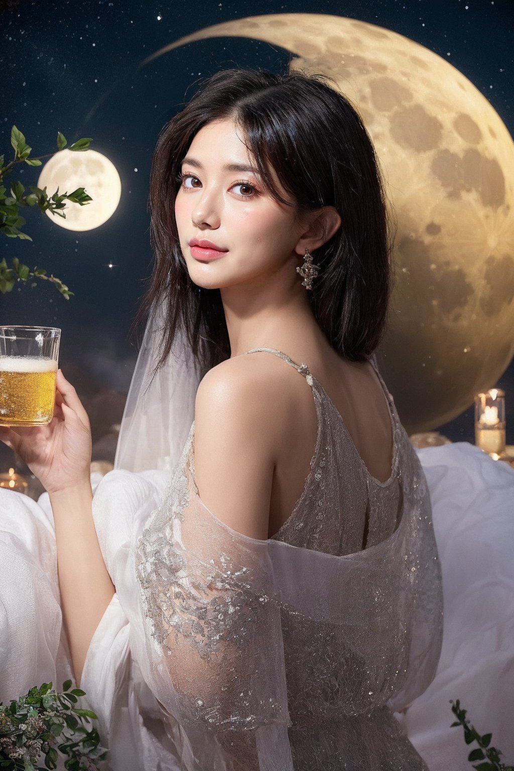 Lunar Apothecary A woman with skin like moonlight and eyes that hold the secrets of celestial herbs, brews potions under the glow of two moons. Her flowing gown, adorned with lunar symbols and botanical motifs, reflects her connection to the healing power of the cosmos.
 
