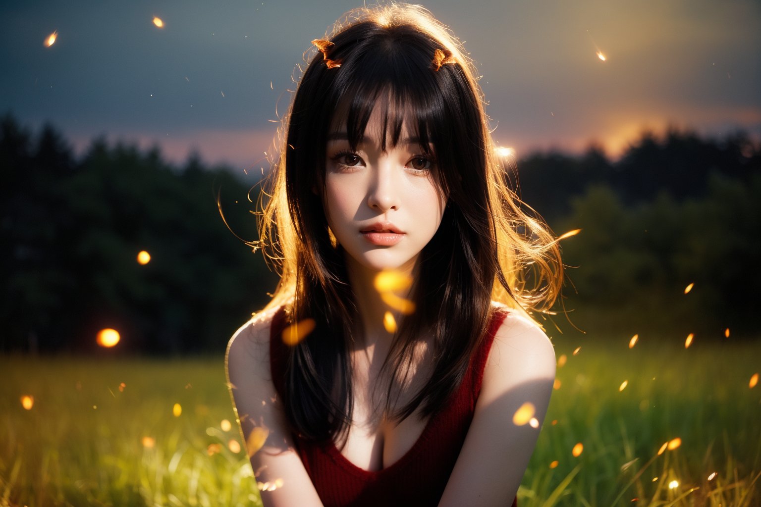 fashion portrait photo of beautiful young woman from the 60s wearing a red wool underwear standing in the middle of a open space meadow, taken on a hasselblad medium format camera, ((closeup top shot)), ((fireflies)),(Han Hyo Joo:0.8), (Anne Hathaway:0.8),