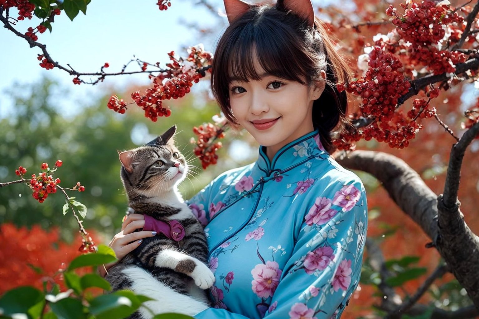 A beautiful woman in a cheongsam stood next to a red plum tree. A cat climbed onto the plum tree. The beautiful woman was looking at the cat and smiling.
(Han Hyo Joo:0.8), (Anne Hathaway:0.8),