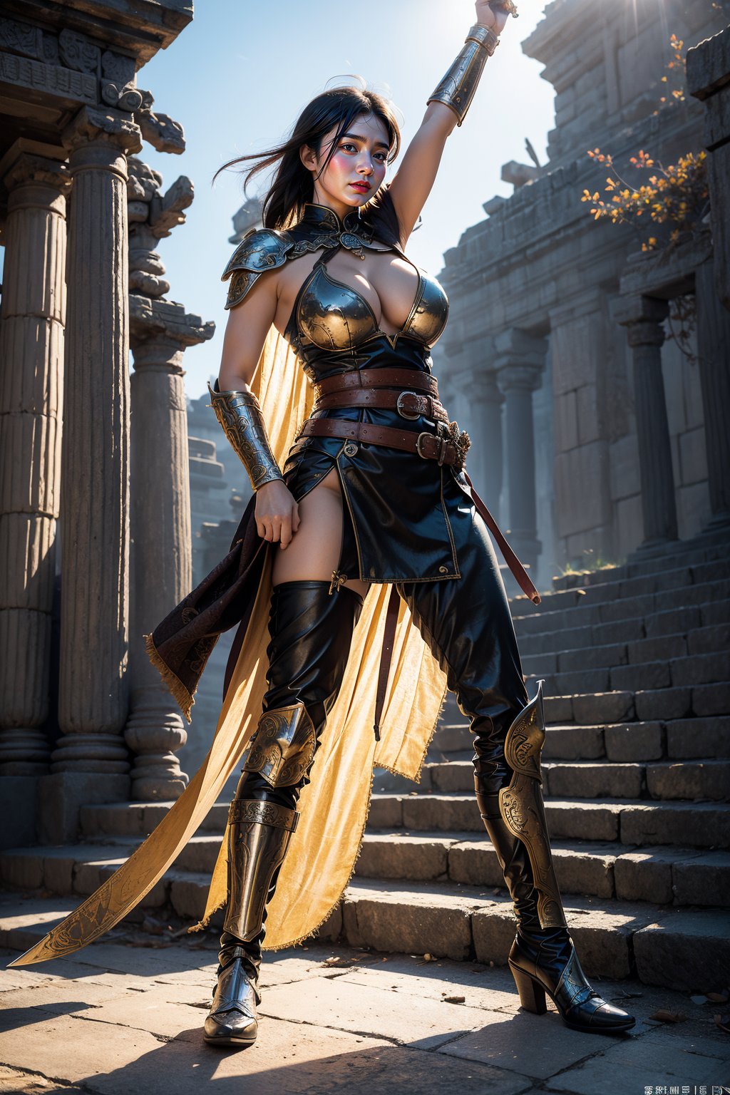 A heroic figure stands proudly before ancient temple ruins, her worn leather armor and intricately tied belt whipping wildly as she holds aloft a gleaming katana, its curved blade reflecting the warm sunlight casting a dramatic shadow on the weathered stone steps.