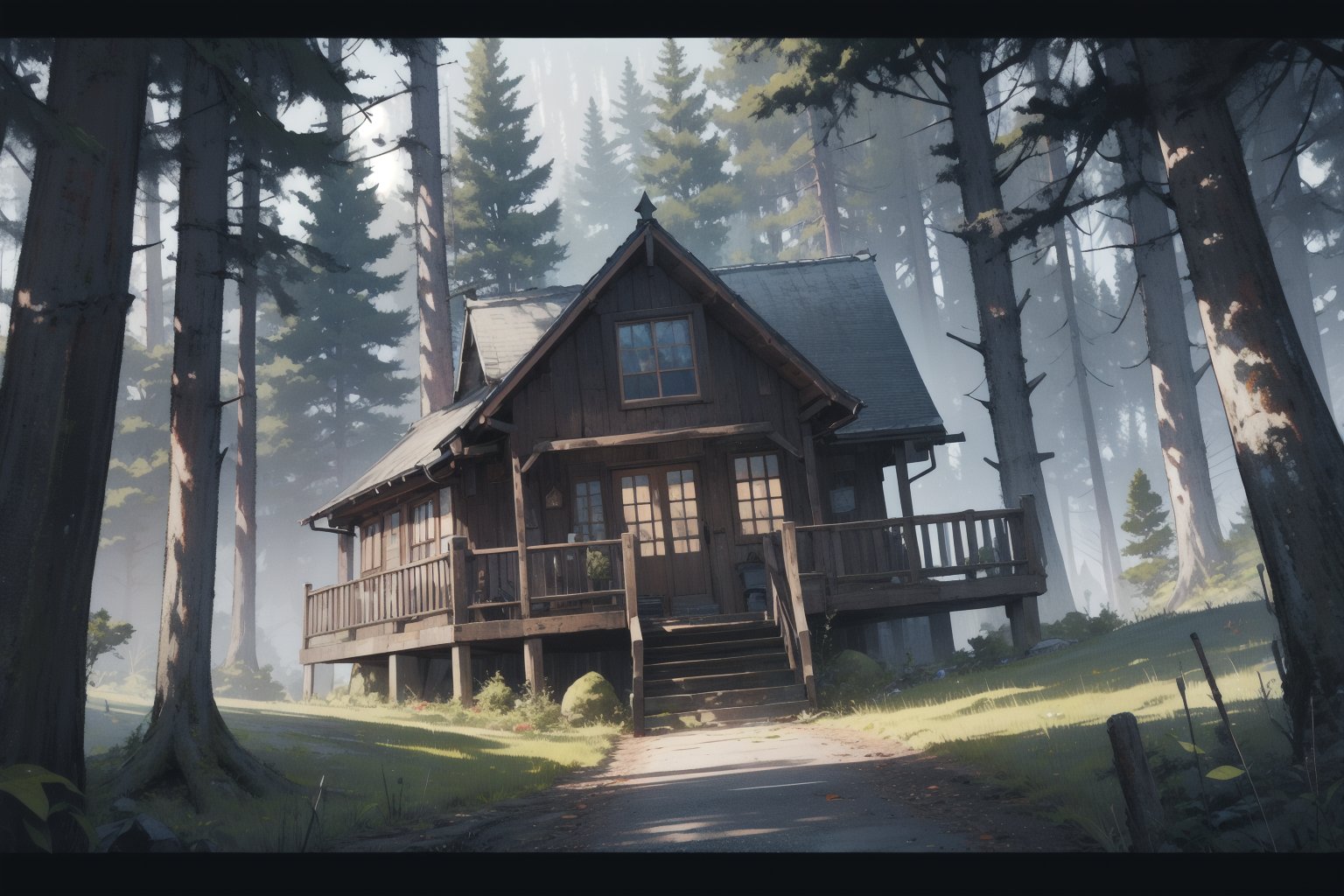 cabin, exterior, outdoors, forest, (dutch angle), masterpiece, best quality, highres