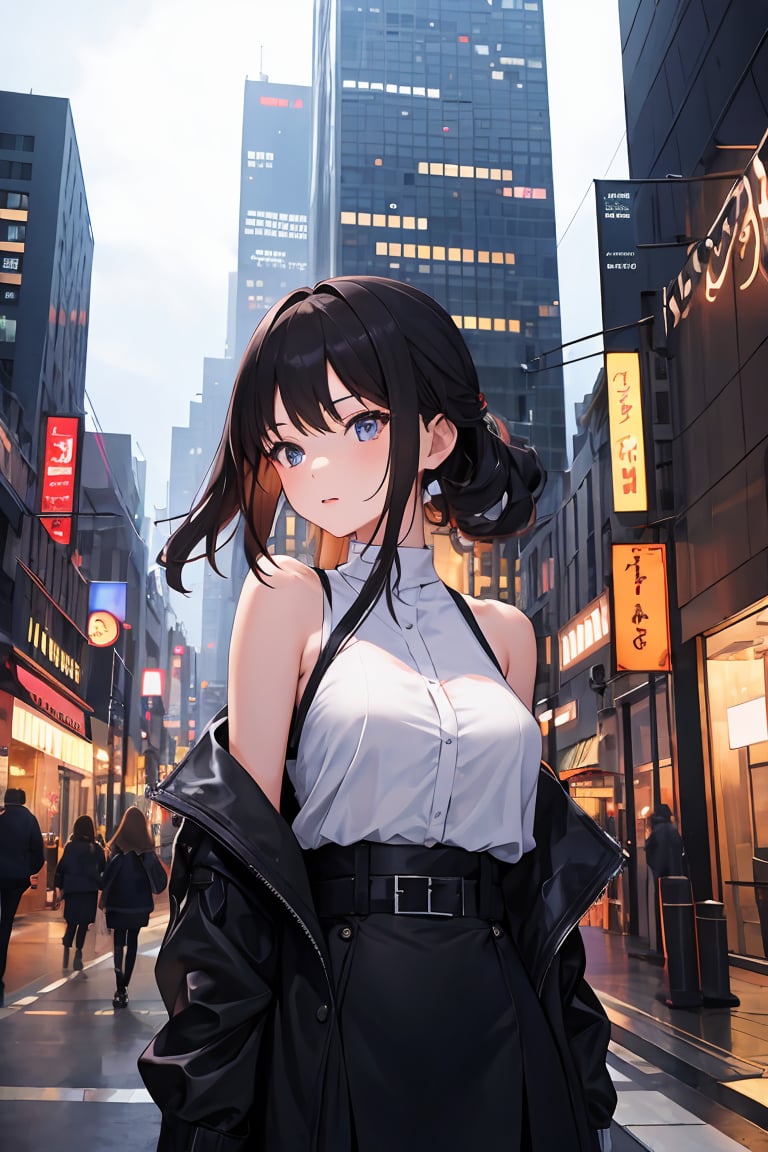  1girl, black, upper body, city, masterpiece, best quality, highres