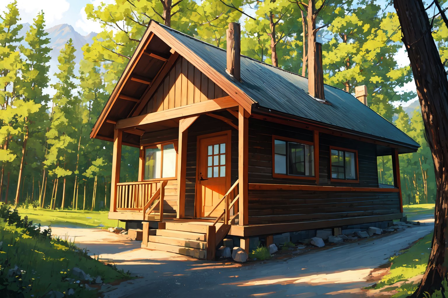 cabin, exterior, outdoors, forest, dutch angle, masterpiece, best quality, highres, SAM YANG