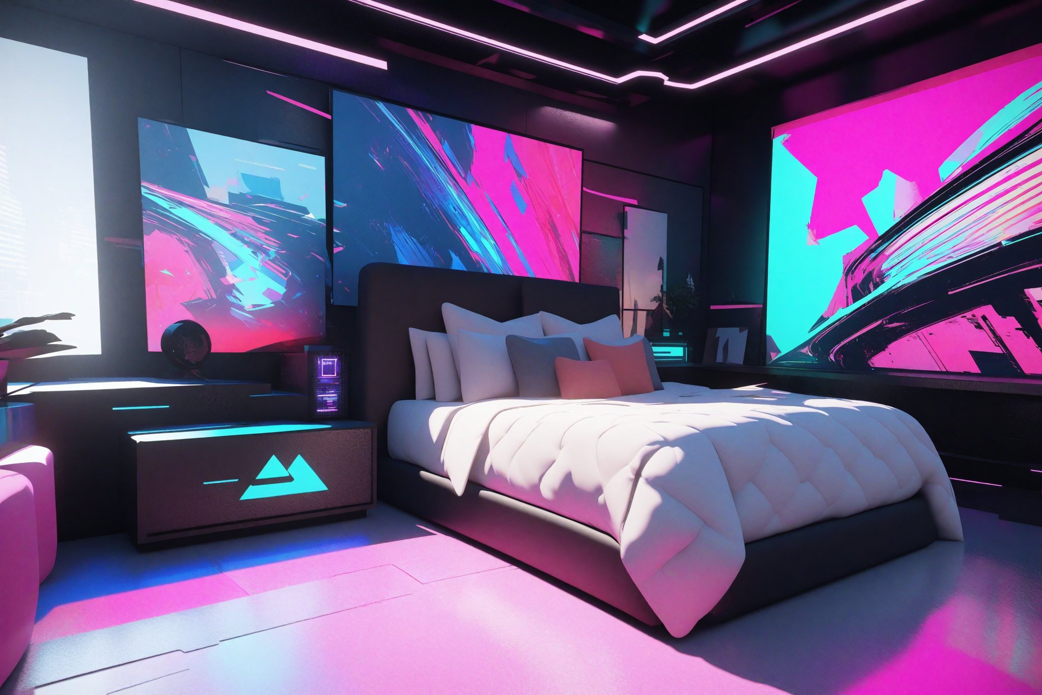 bedroom, cyberpunk, [3D:7], [pop art:5], masterpiece, best quality, highres, newest, very aesthetic, General