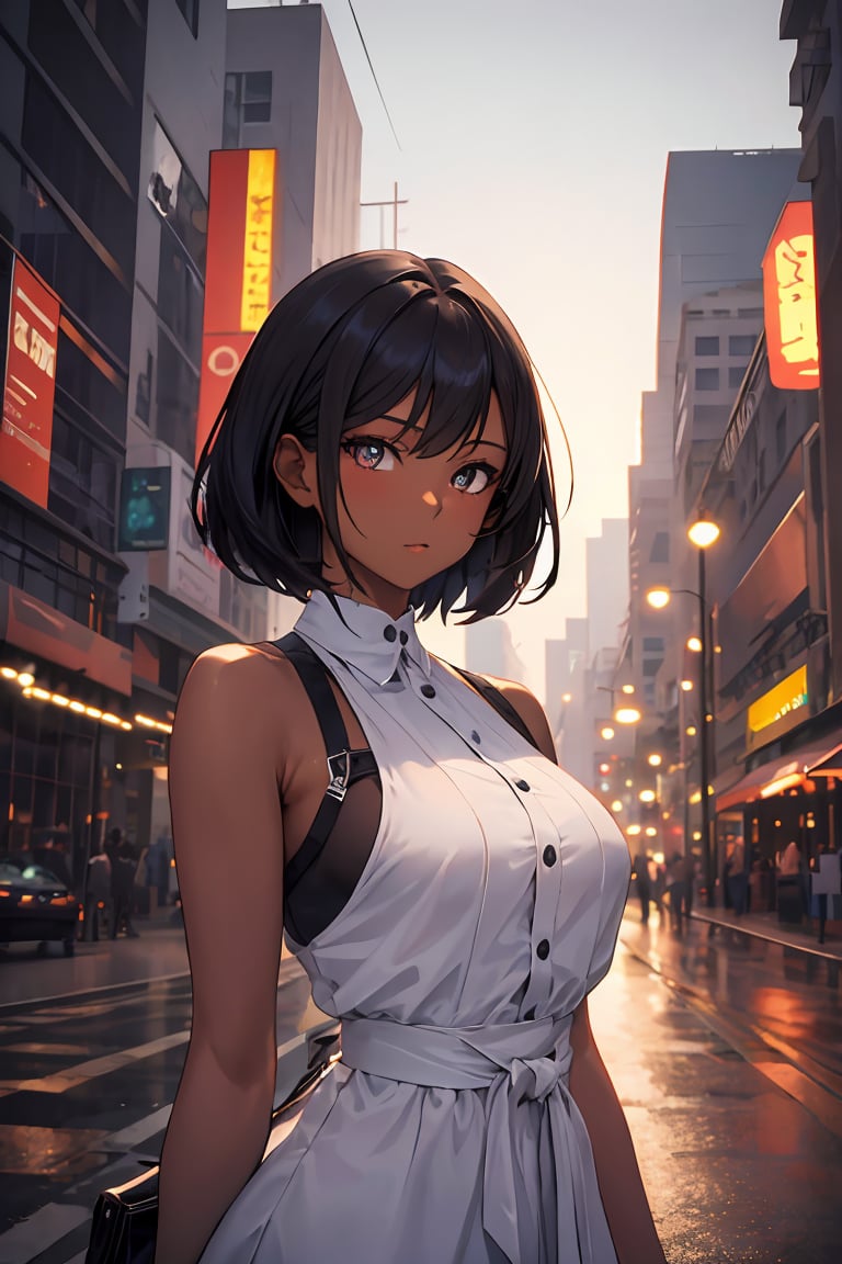  1girl, (very dark skin), upper body, city, masterpiece, best quality, highres,High detailed 