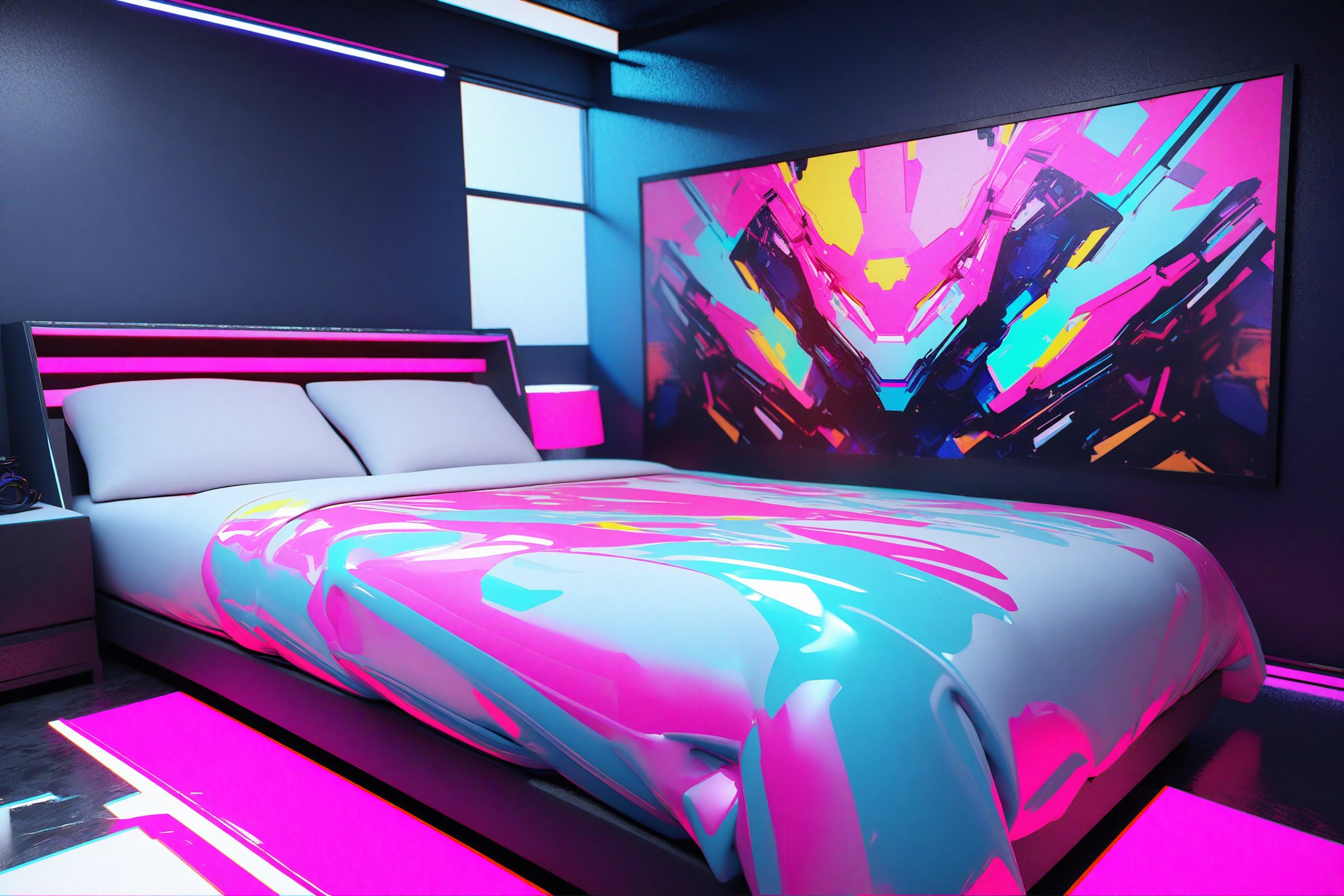 bedroom, cyberpunk, [3D:7], [pop art:2], masterpiece, best quality, highres, newest, very aesthetic, General