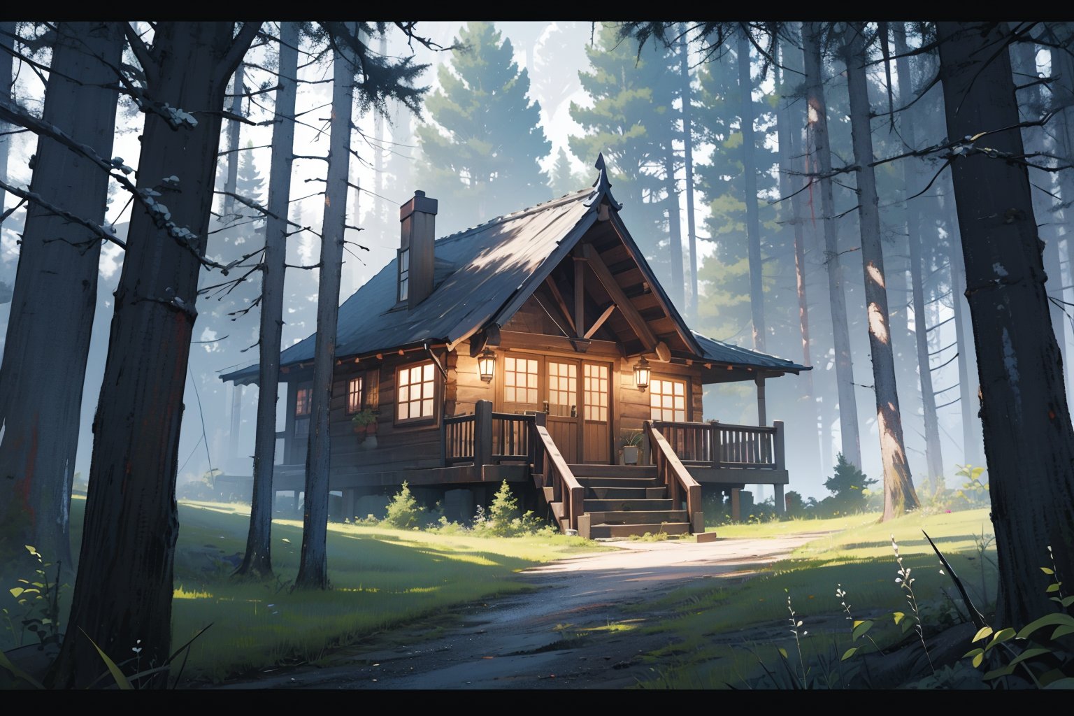 cabin, exterior, outdoors, forest, (dutch angle), masterpiece, best quality, highres