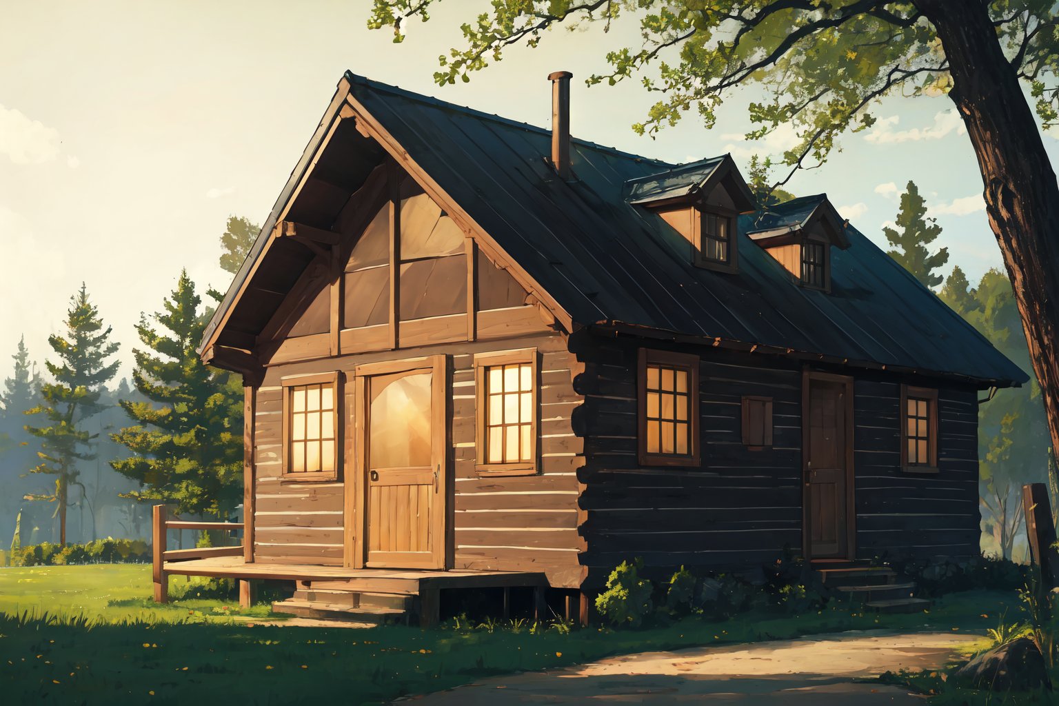 cabin, exterior, outdoors, forest, dutch angle, masterpiece, best quality, highres