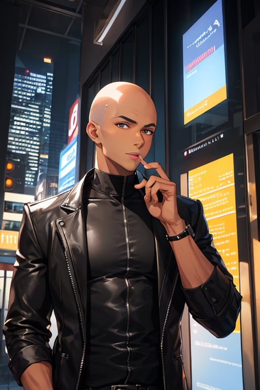  1boy, mature, bald, (dark skin), upper body, city, masterpiece, best quality, highres