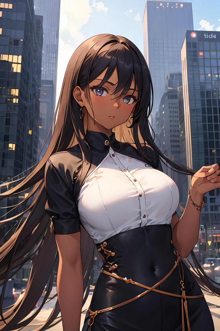  1girl, (very dark skin), upper body, city, masterpiece, best quality, highres,High detailed 