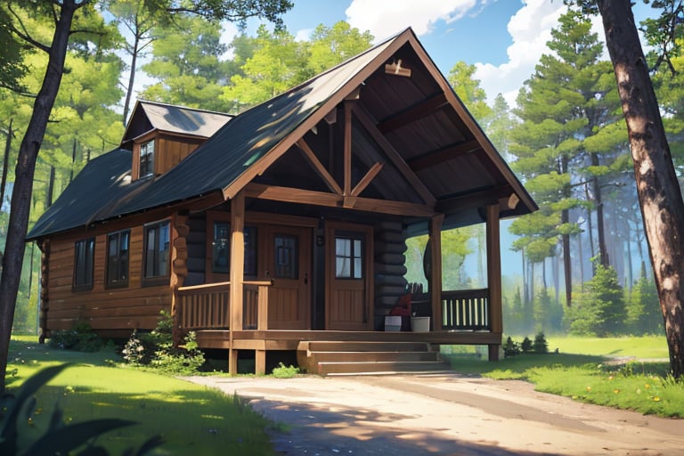 cabin, exterior, outdoors, forest, dutch angle, masterpiece, best quality, highres