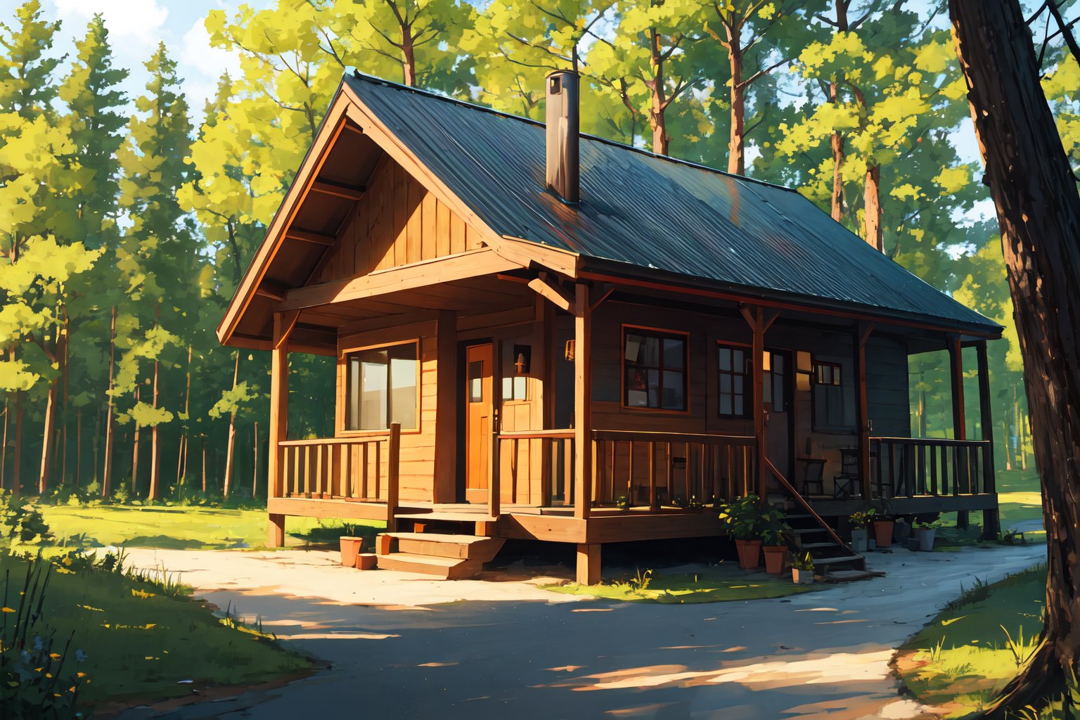 cabin, exterior, outdoors, forest, dutch angle, masterpiece, best quality, highres, Detail, Detailed, Shader,SAM YANG