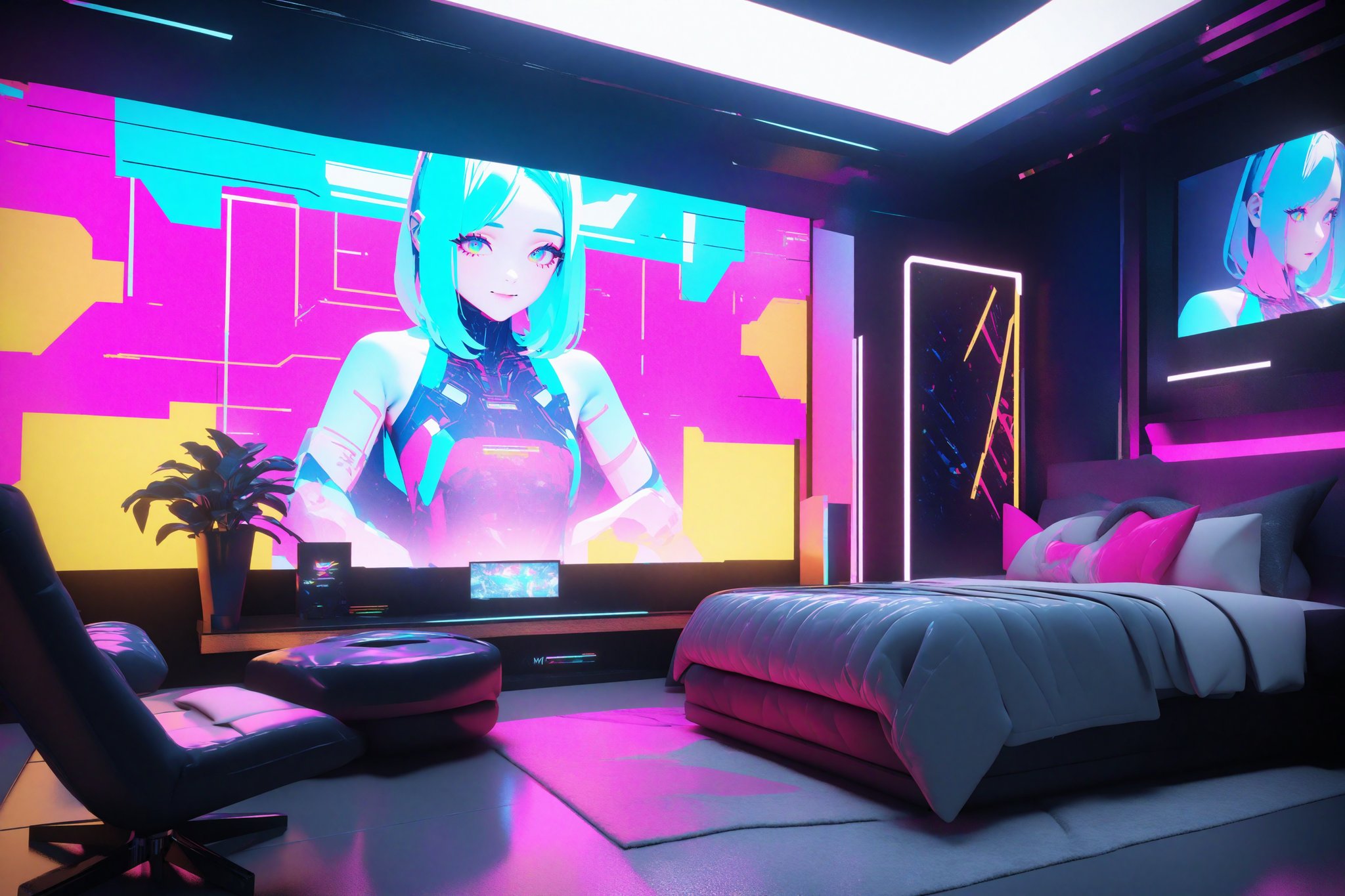 bedroom, cyberpunk, [3D:7], [pop art:15], masterpiece, best quality, highres, newest, very aesthetic, General