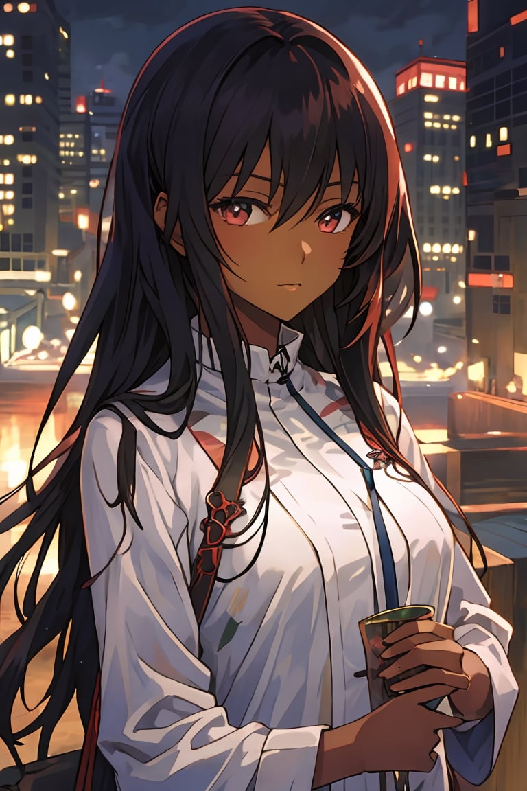  1girl, (very dark skin), upper body, city, masterpiece, best quality, highres,High detailed 