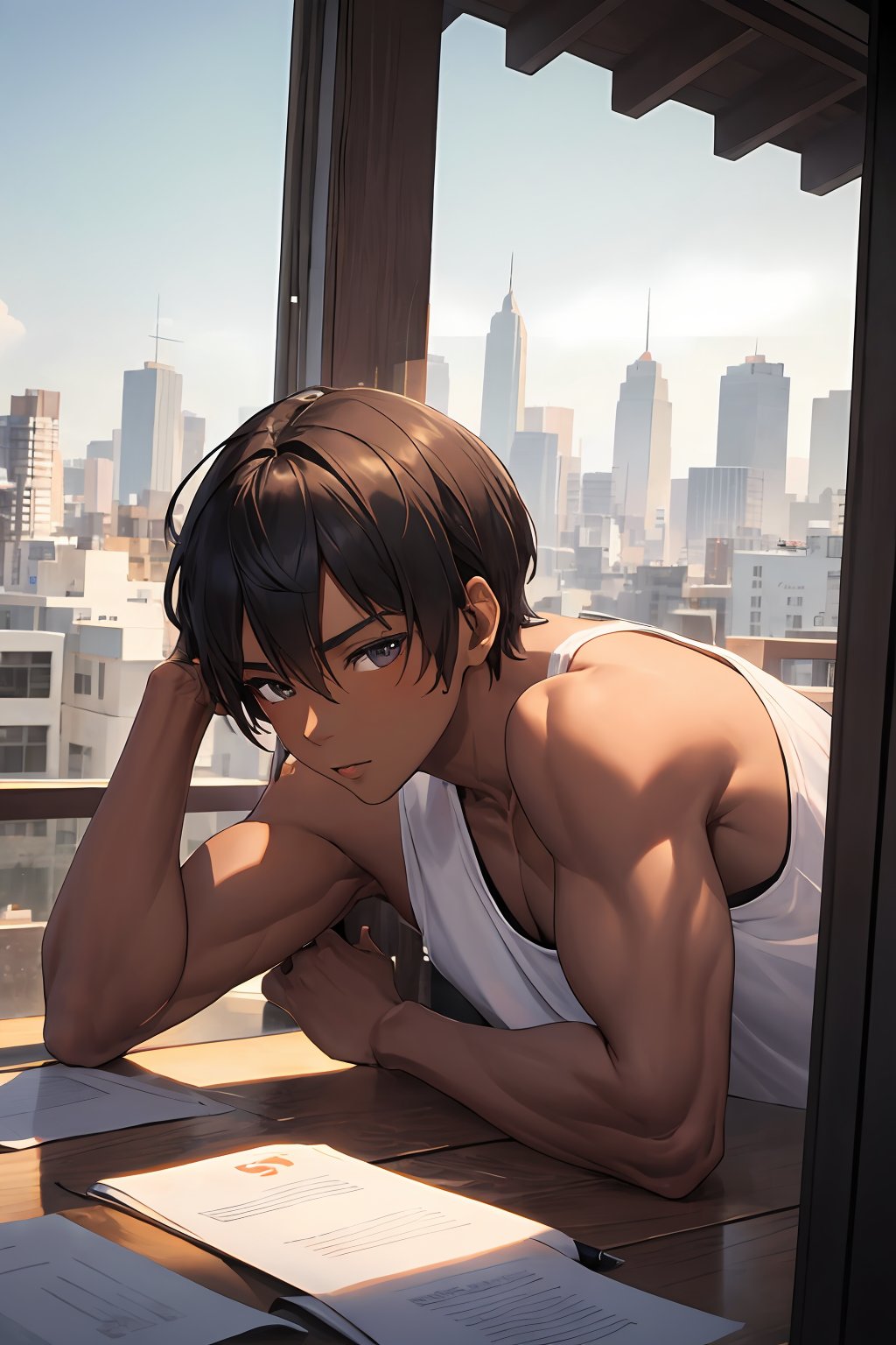  1man, (dark skin), upper body, city, masterpiece, best quality, highres